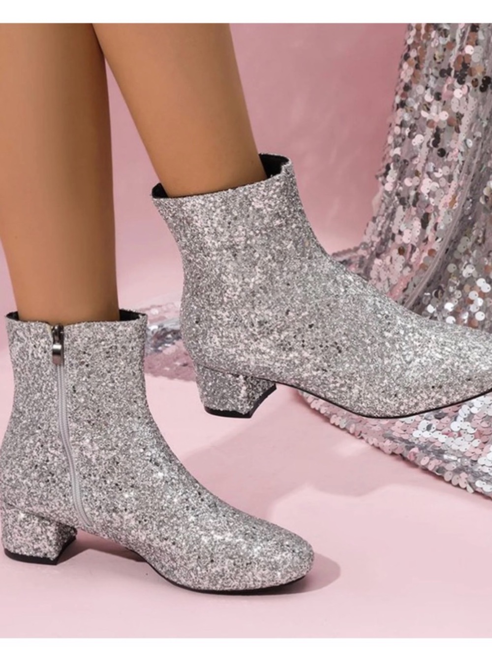 Glitter Block Heel Ankle Boots for Women - Silver Sparkle